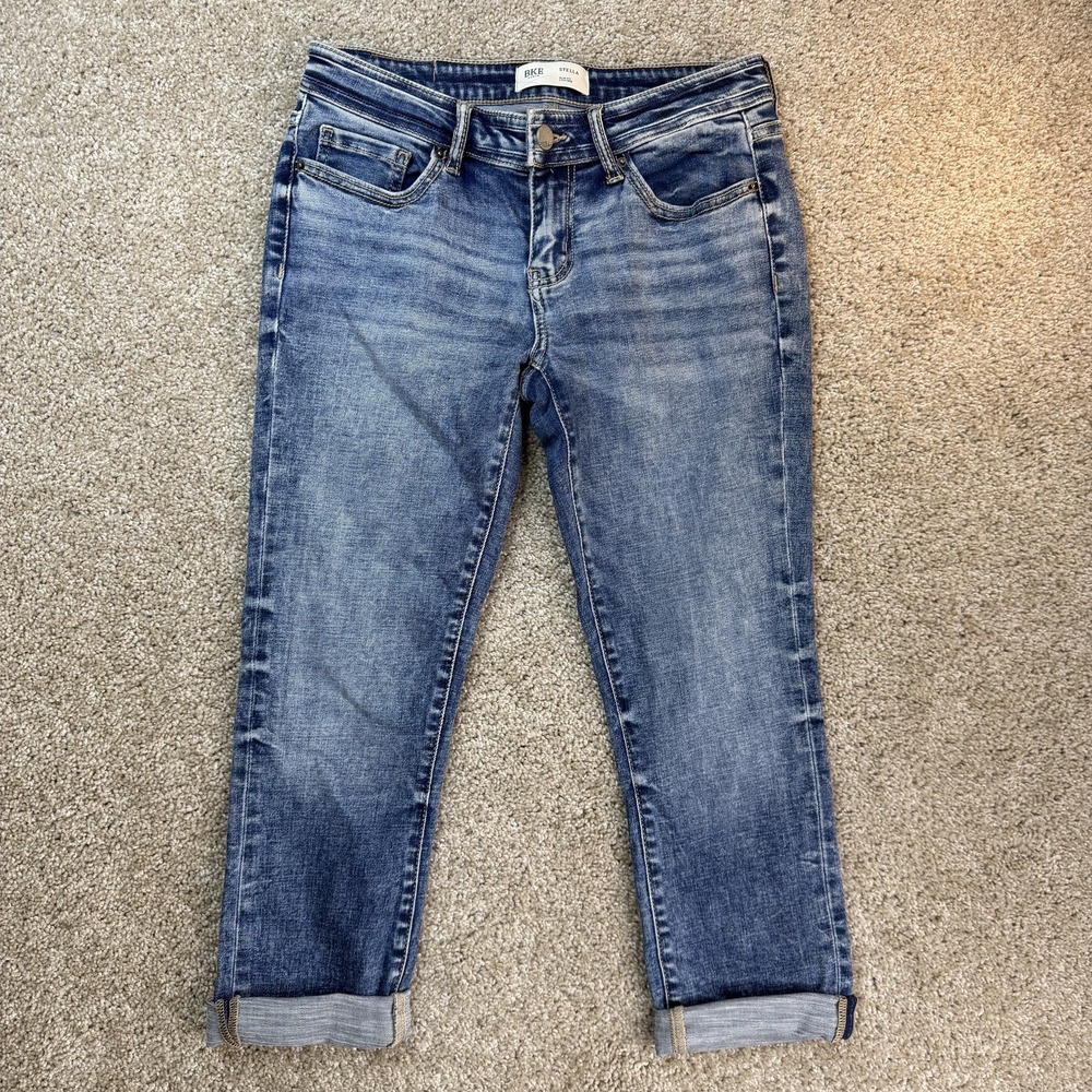 BKE Stella Slim Straight Jeans Womens 27 Med Wash Blue Cuffed Stretch Denim